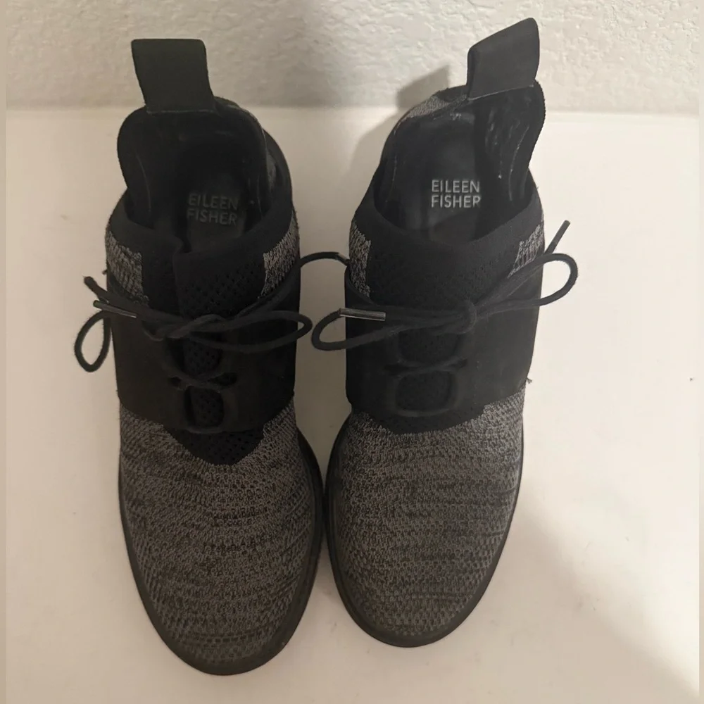 Eileen Fisher Wilson Knit Black Graphite Gray Lace Up Platform Wedge Sneaker 7.5